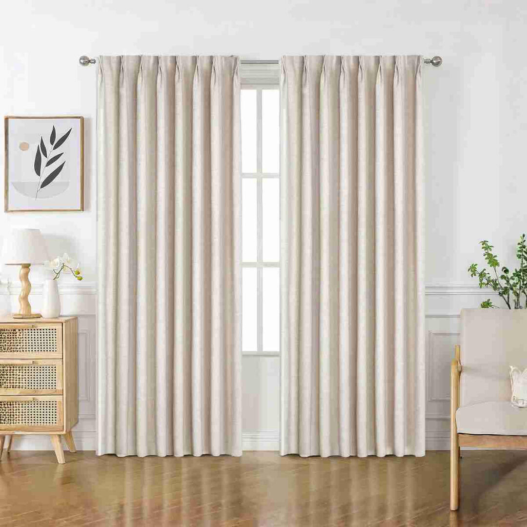 Joydeco Beige Camel Flaxaline Linen Curtains in a warm living room setting.