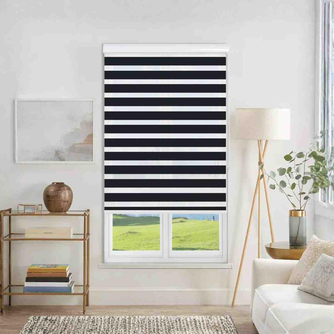 Black zebra Roller Blinds: Joydeco’s custom light-filtering dual shade in a modern living room.
